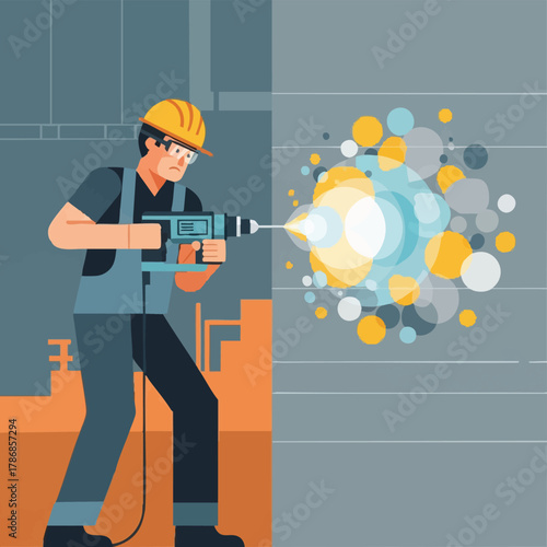 An illustration shows a construction worker drilling into a wall, with dust and debris flying from the drill site, set against a stylized industrial backdrop.
