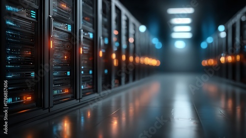 Fototapeta Naklejka Na Ścianę i Meble -  A view of a server room with rows of server racks and blinking lights in a dark and futuristic space