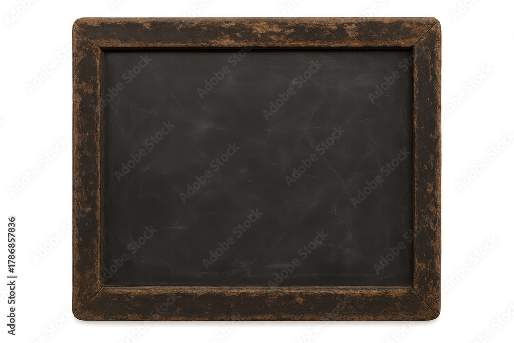 Fototapeta premium Blank blackboard surface with a rustic wooden frame, offering clear space for text or design, having a transparent background