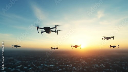 Multiple modern drones flying over a city skyline at sunset in a technologically advanced concept
