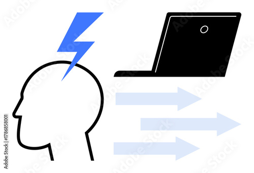 Head with lightning bolt indicating idea generation connected to a laptop through arrows showing transfer. Ideal for creativity, technology, innovation, brainstorming, communication, knowledge