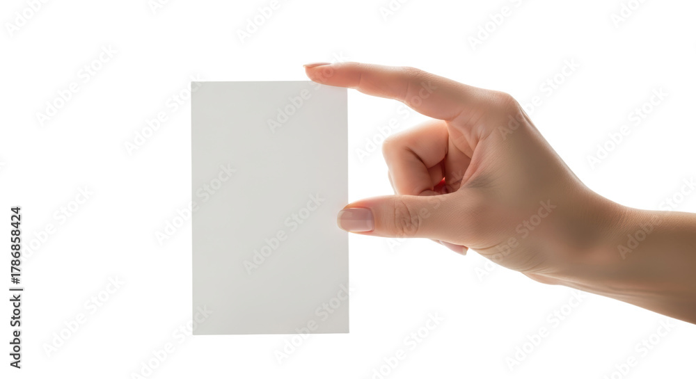 Obraz premium Hand holding blank business card on isolated background for branding and presentation concepts