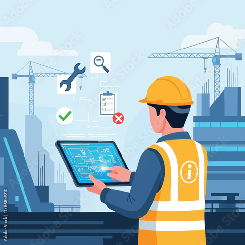 An engineer in a yellow hard hat reviews construction plans on a tablet, with project management icons floating around the building site in the background.