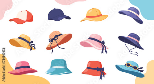 Collection of various stylish hats for summer season.