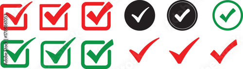A collection of red and green checkmark icons and symbols for confirmation and completion in various graphic designs