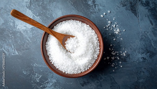 Salt in a bowl with a wooden spoon on a textured background overhead view