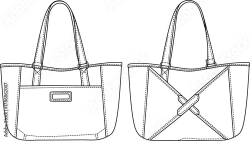 Cad drawing flat vector illustration, stylish handbag front and back view, fashion accessory design, stitching detail, shoulder strap layout