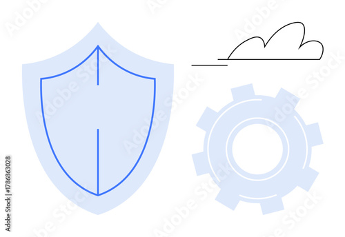 Shield representing protection, gear symbolizing system optimization, and cloud for cloud technology. Ideal for cybersecurity, cloud computing, IT services, data security, operations management