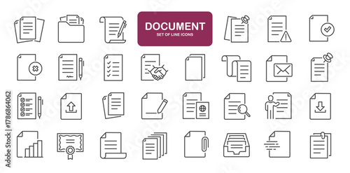 Set of line icons related to documents, contract, passport, resume, archive. Outline icons collection