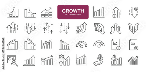 Set of line icons related to increase, deacrease, diagram, graph. Outline icons collection