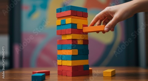 Tumbling tower game with colorful wooden blocks and hand removing one piece challenging balance