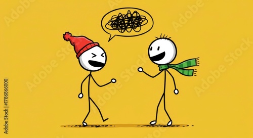 Winter conversation between stick figures with tangled thoughts illustration