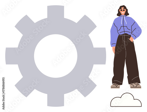 Person in casual modern clothing next to a large gear shape, with a minimal cloud outline beneath. Ideal for innovation, creativity, technology, individuality, lifestyle, design teamwork. Simple