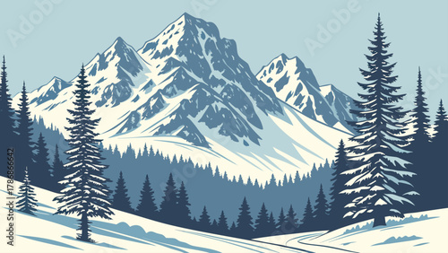A winter landscape featuring snow covered mountains and evergreen trees in a stylized illustration