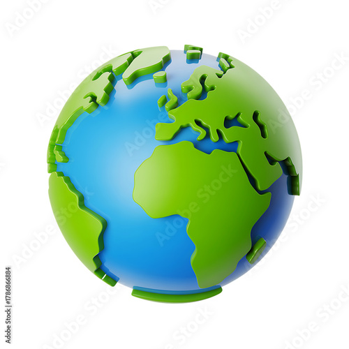 Stylized 3D Earth Globe with Green Continents and Blue Oceans planet world