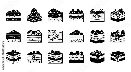 Discover diverse geological layers and mineral formations, perfect for educational, scientific, and earth science presentations showcasing soil strata and rock types.