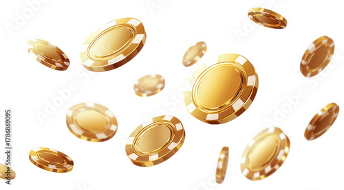 Golden casino chips falling and floating in the air isolated on transparent background, representing wealth, gambling, and potential for winning big prizes