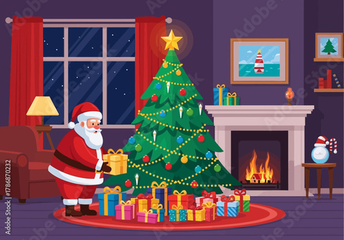 Festive illustration of Santa Claus placing presents under a decorated Christmas tree.