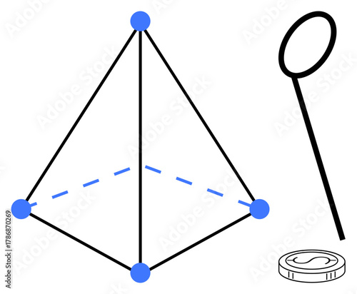 Pyramid shape with blue vertices and dashed base, circular bubble wand, and round coin. Ideal for geometry, creativity, abstraction, playfulness, minimalism science education. Simple flat metaphor