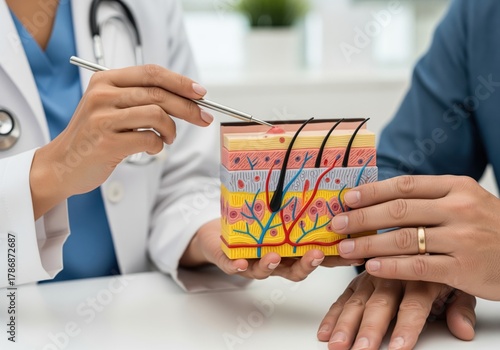 Doctor explains skin anatomy using model to patient for dermatology