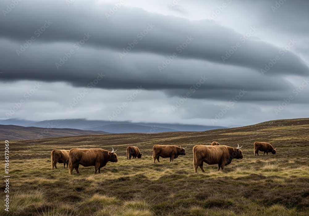 Fototapeta premium Highland cattle herd grazing in the scottish highlands landscape