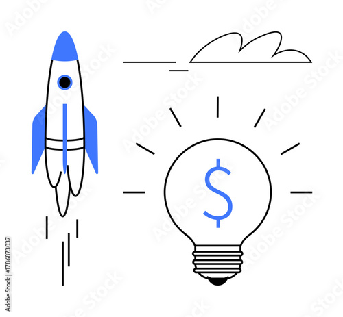 Blue rocket launching and lightbulb with dollar sign symbolize startup growth, financial success, innovation, creativity, entrepreneurship, investment opportunities, and economic development. A