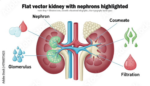 Detailed illustration of a flat vector kidney highlighting nephrons and related biological processes.