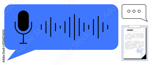 Microphone and sound waveforms in speech bubble connect to text document, signature, and chat. Ideal for communication, transcription, technology, voice recognition, language tools, productivity