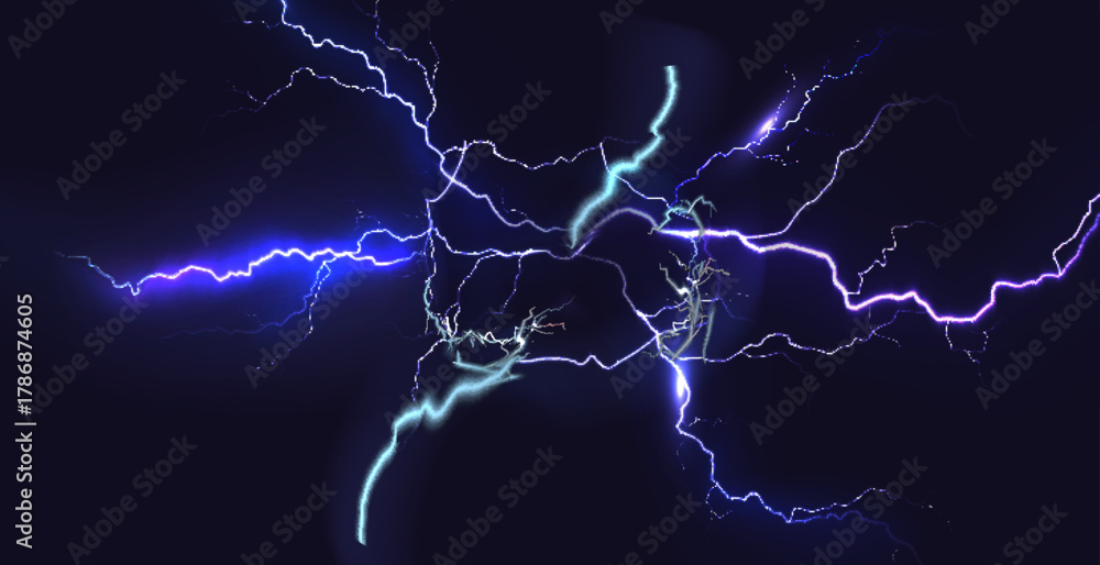 Blue thunder bolt light and electric energy discharge in form of circle on black background. Realistic 3d vector illustration round frame from storm lightning power effect.