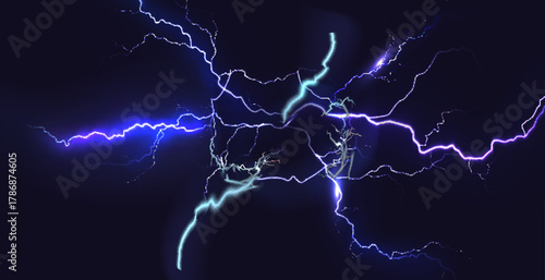 Blue thunder bolt light and electric energy discharge in form of circle on black background. Realistic 3d vector illustration round frame from storm lightning power effect.