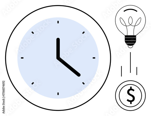 Clock representing time management, lightbulb signifying ideas and innovation, money symbol for financial gains. Ideal for productivity, innovation, business strategy, time value, growth, efficiency