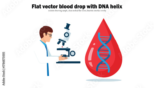Vector illustration depicting a scientist examining a blood sample under a microscope, alongside a large blood drop containing a DNA helix.