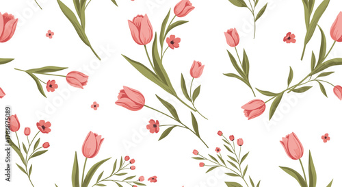 Seamless pattern with elegant pink tulip flowers and delicate blossoms on a clean white background, perfect for spring designs.