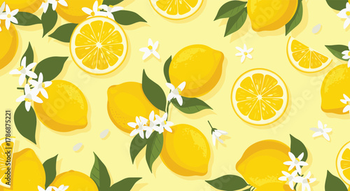 Seamless pattern with whole lemons, bright yellow slices, delicate white lemon blossoms, and green leaves on a sunny yellow background.