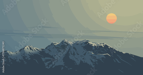 An artistic representation of snow-capped mountains at dusk bathed in gentle sunlight, evoking tranquility and a sense of peace, ideal for nature enthusiasts and art collectors.