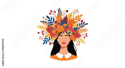 A beautiful woman with closed eyes is adorned with a vibrant autumn wreath of colorful leaves and berries, symbolizing the season's natural beauty.