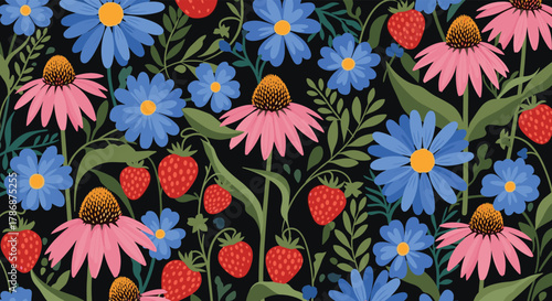 A vibrant seamless pattern featuring pink coneflowers, blue wildflowers, and ripe red strawberries intertwined with green foliage on a dark background.