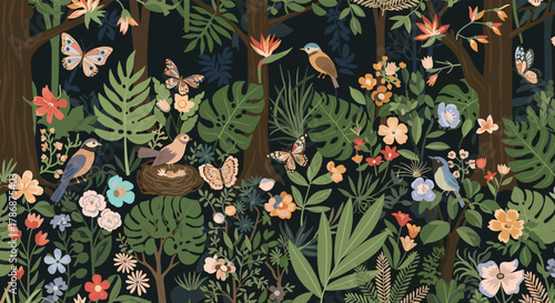 Lush tropical forest illustration featuring diverse birds, butterflies, and vibrant foliage against a dark, mystical background.