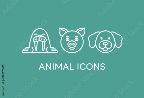 A collection of cute animal icons featuring a walrus, pig, and dog designed in a simplistic style, perfect for representing pets or animal-related themes in a playful manner.