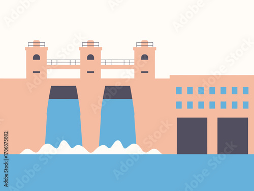 A sleek hydroelectric dam features cascading waterfalls, showcasing its impressive engineering and the power of water. The structure is surrounded by a serene water body.