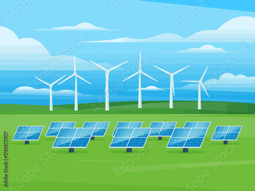 A picturesque scene featuring wind turbines and solar panels highlights sustainable energy solutions, promoting eco-friendliness and innovation in renewable energy.
