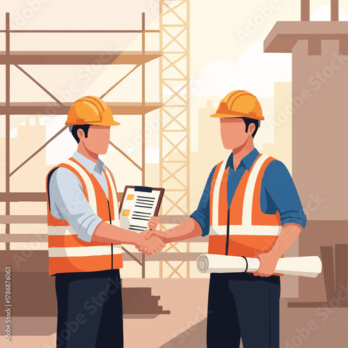 Two construction workers in hard hats and safety vests shaking hands on a building site, signifying collaboration and agreement on the project's progress.