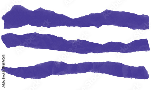 Three torn purple paper strips with rough edges isolated on transparent background