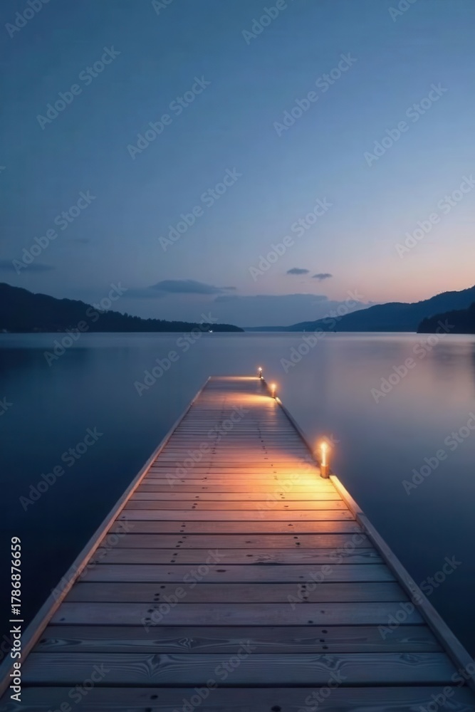 Fototapeta premium Serene Twilight A Wooden Dock Extends into a Calm Lake Underneath a Tranquil Evening Sky, Illuminated by Soft Lights