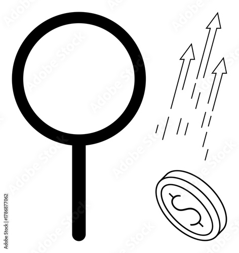 Magnifying glass examining financial growth represented by upward arrows and a dollar coin. Ideal for business, finance, analysis, success, investment, profit, research. Minimal design as a simple