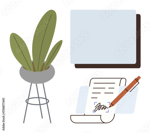Potted plant on metal stand, blank presentation screen, pen signing document. Ideal for office, digital contract, productivity, work-life balance, remote work decor minimalism. Clean and simple
