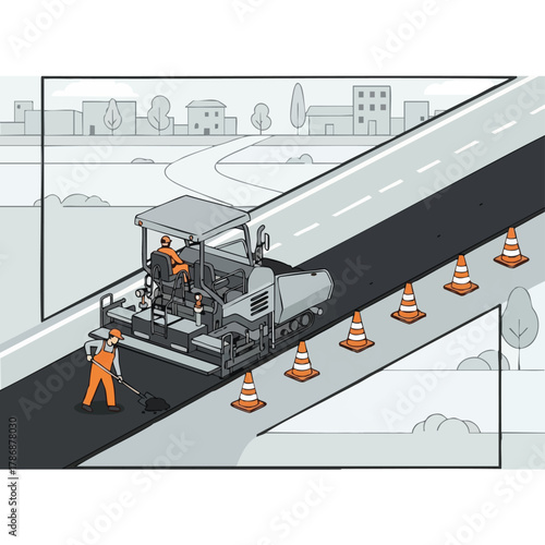 Road construction scene depicting workers operating machinery, applying asphalt, and ensuring safety with traffic cones along the highway.