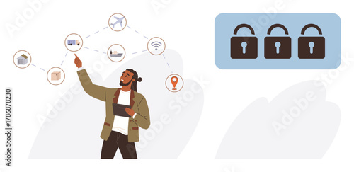 Man using tablet to interact with IoT network icons including quadcopter, cloud, and location. Security locks symbolize protection and privacy. Ideal for IoT, cybersecurity, tech trends, data