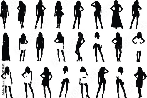 Female silhouette poses in diverse outfits and standing gestures for fashion design, posture reference, vector illustration, and animation character modeling.