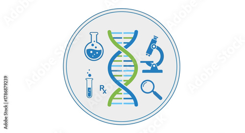 DNA helix with lab equipment and Rx symbol
